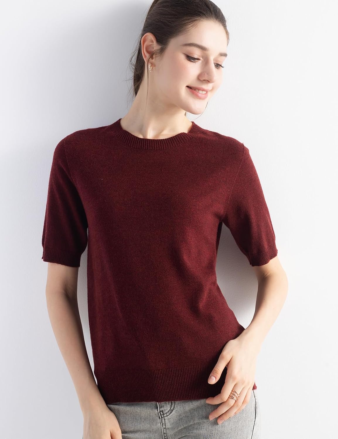 Merino Wool Blend Crew Neck Short Sleeve Seamless Knit Sweater