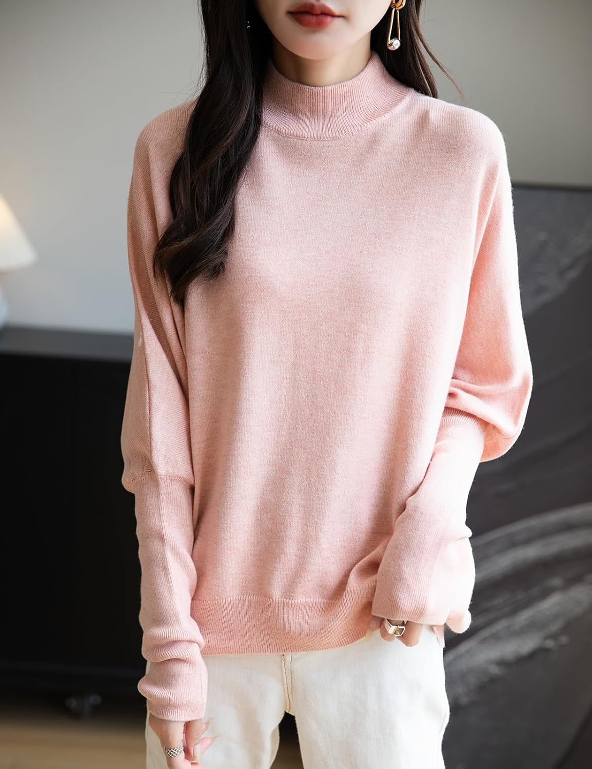 Merino Wool Blend Mock Neck Batwing Sleeve Sweater