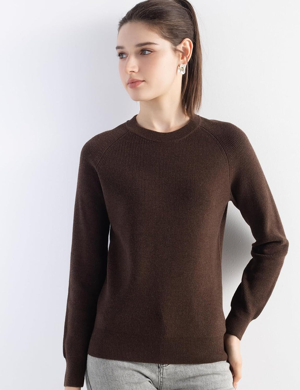 Merino Wool Blend Crew Neck Knit Sweater