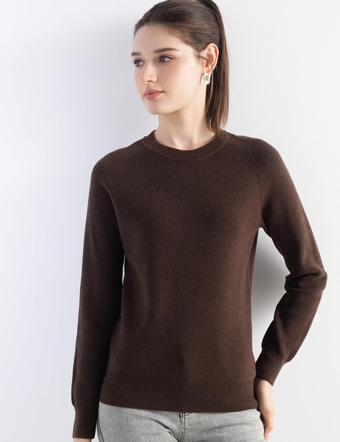 Merino Wool Blend Crew Neck Knit Sweater