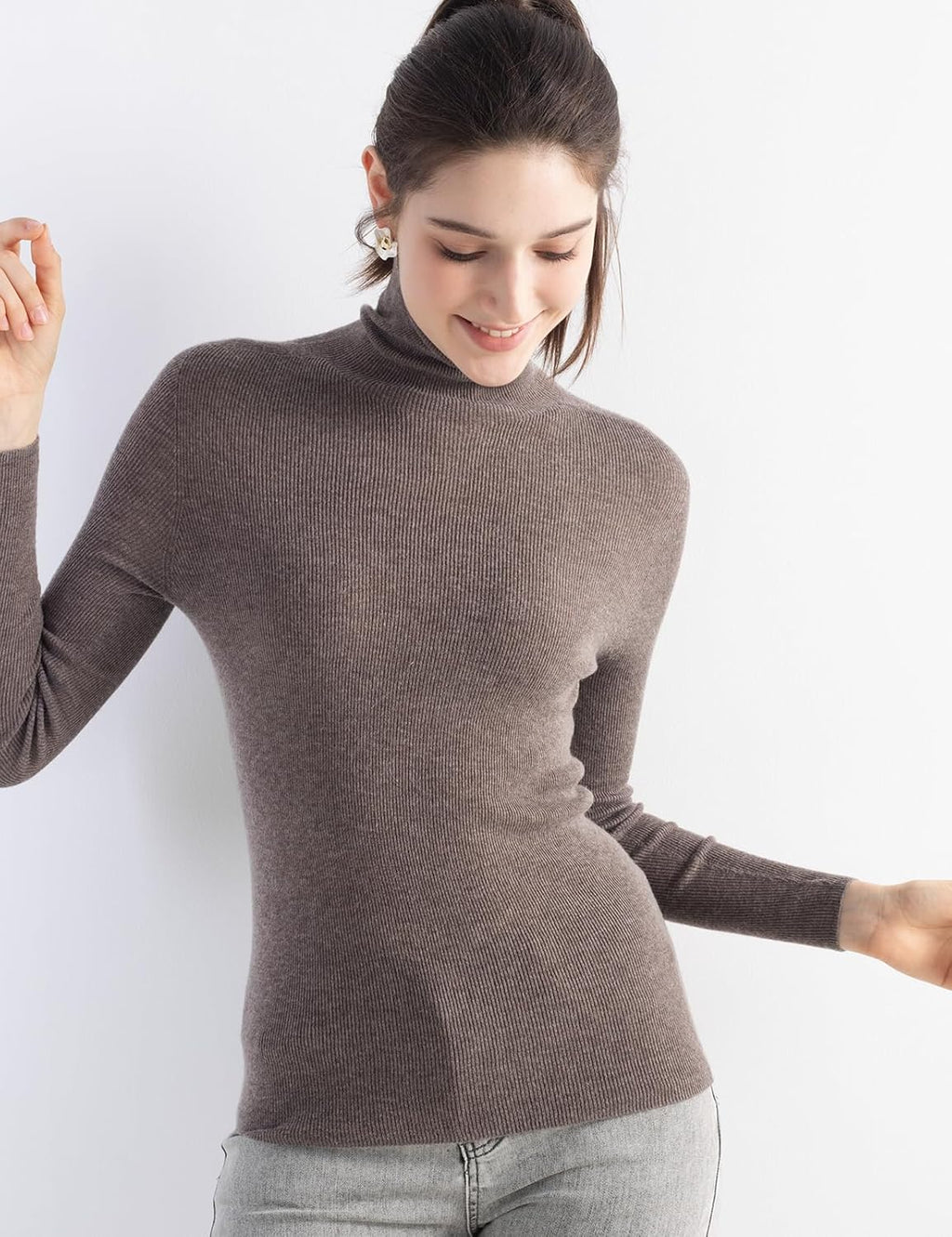 Merino Wool Blend Ribbed Turtleneck Slim Fit Sweater