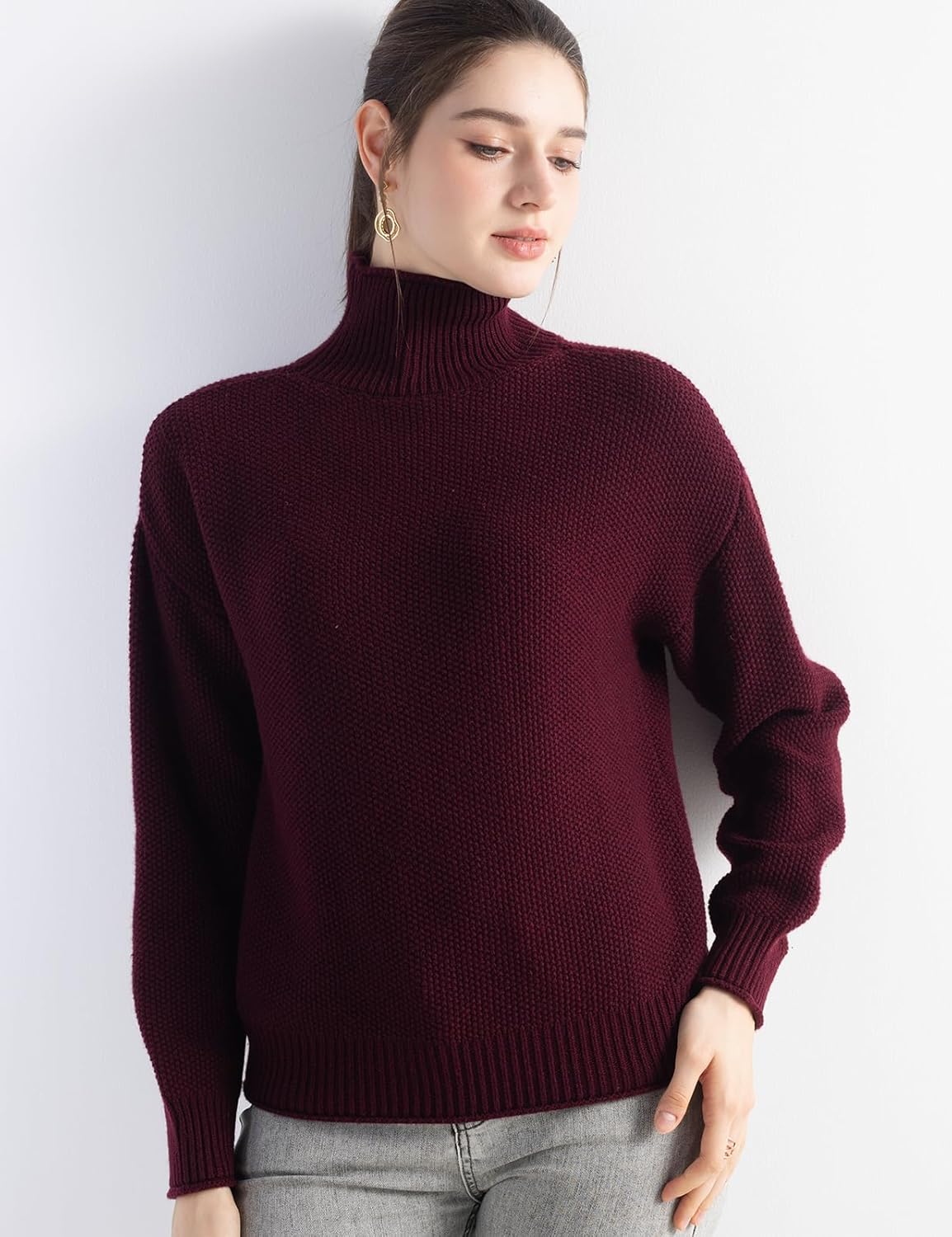 Merino Wool Blend Mock Neck Loose Knit Sweater