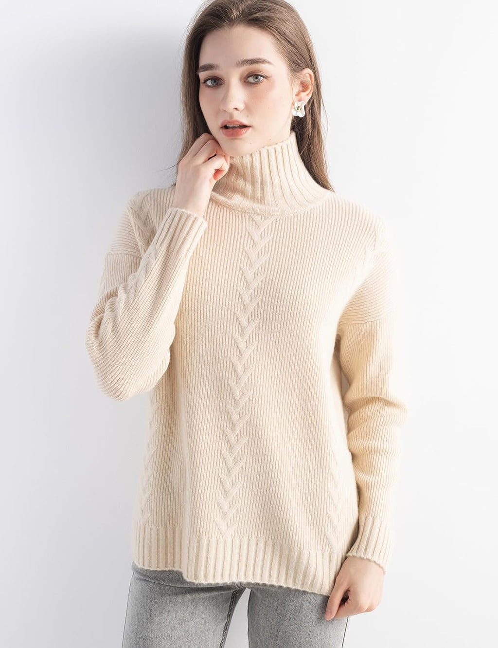 100% Cashmere Cable Knit Mock Neck Sweater
