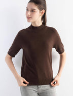Merino Wool Blend Mock Neck Short Sleeve Seamless Knit Sweater