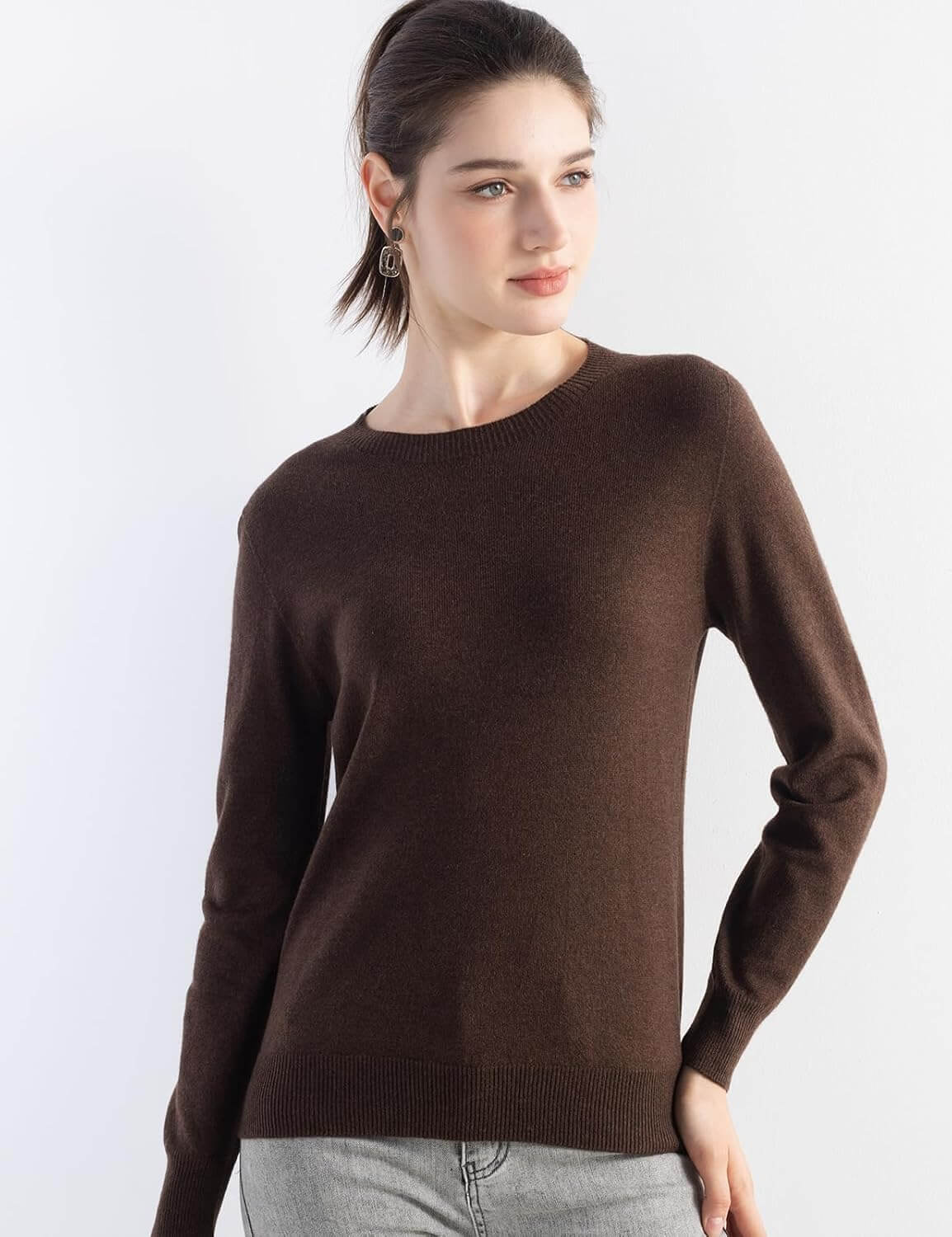 Merino Wool Blend Crew Neck Seamless Knit Sweater