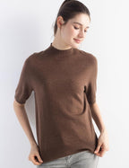 Merino Wool Blend Mock Neck Short Sleeve Seamless Knit Sweater