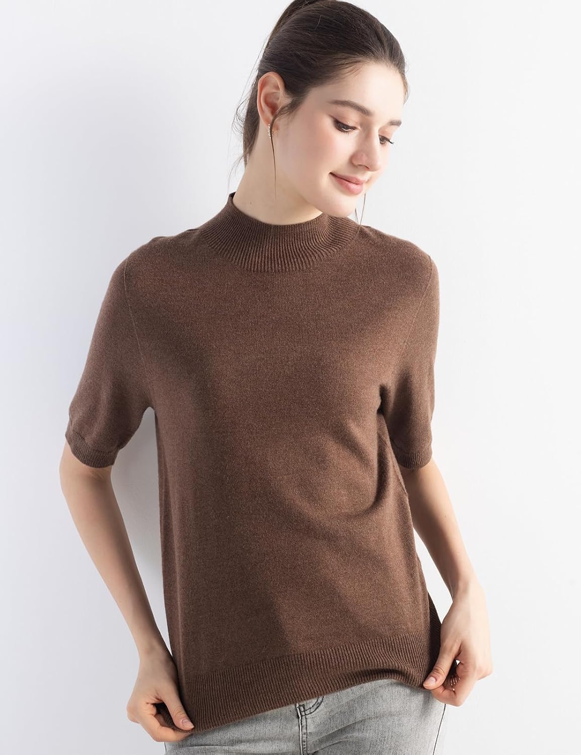 Merino Wool Blend Mock Neck Short Sleeve Seamless Knit Sweater