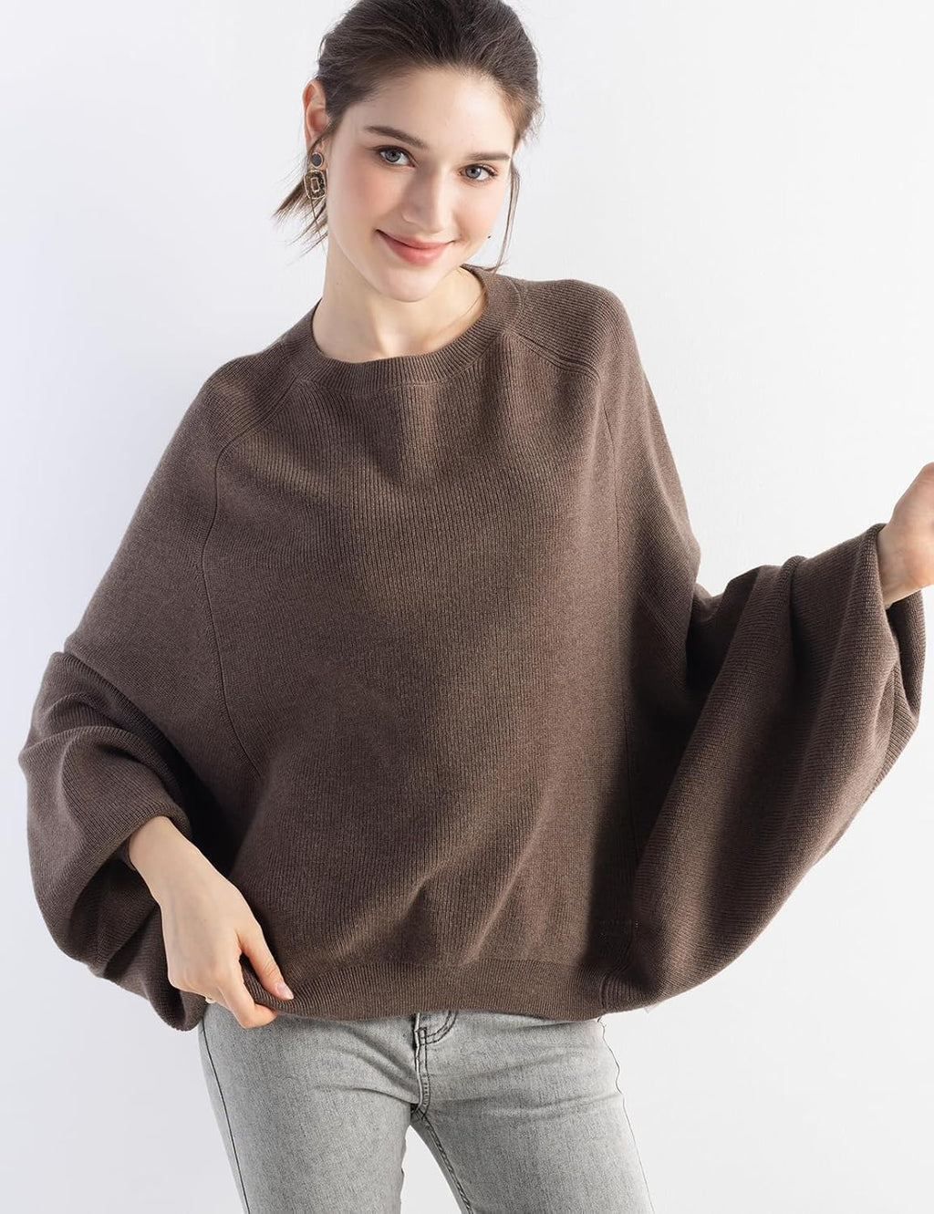 Merino Wool Blend Oversized Crewneck Batwing Sweater