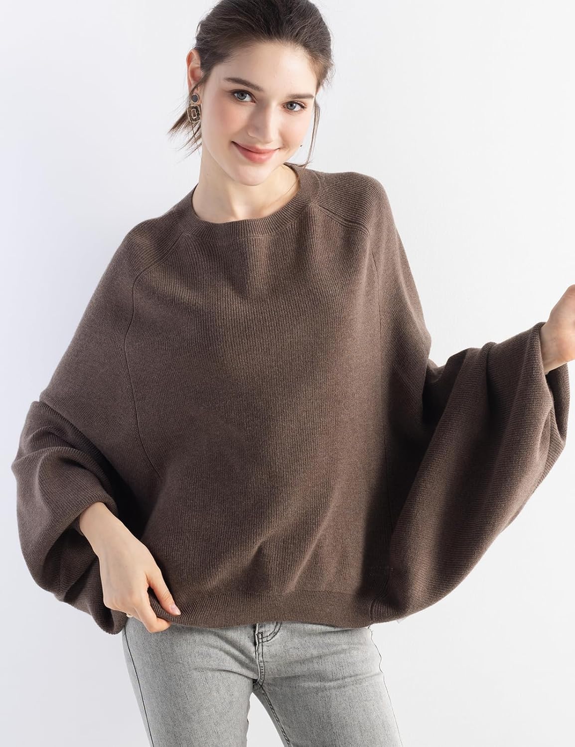 Merino Wool Blend Oversized Crewneck Batwing Sweater