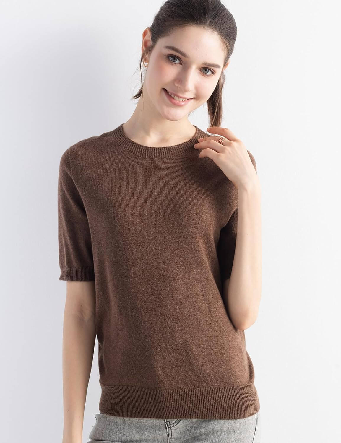 Merino Wool Blend Crew Neck Short Sleeve Seamless Knit Sweater