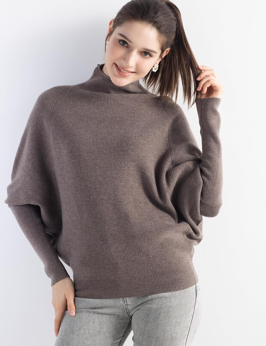 Merino Wool Blend Oversized Mock Neck Batwing Knit Sweater
