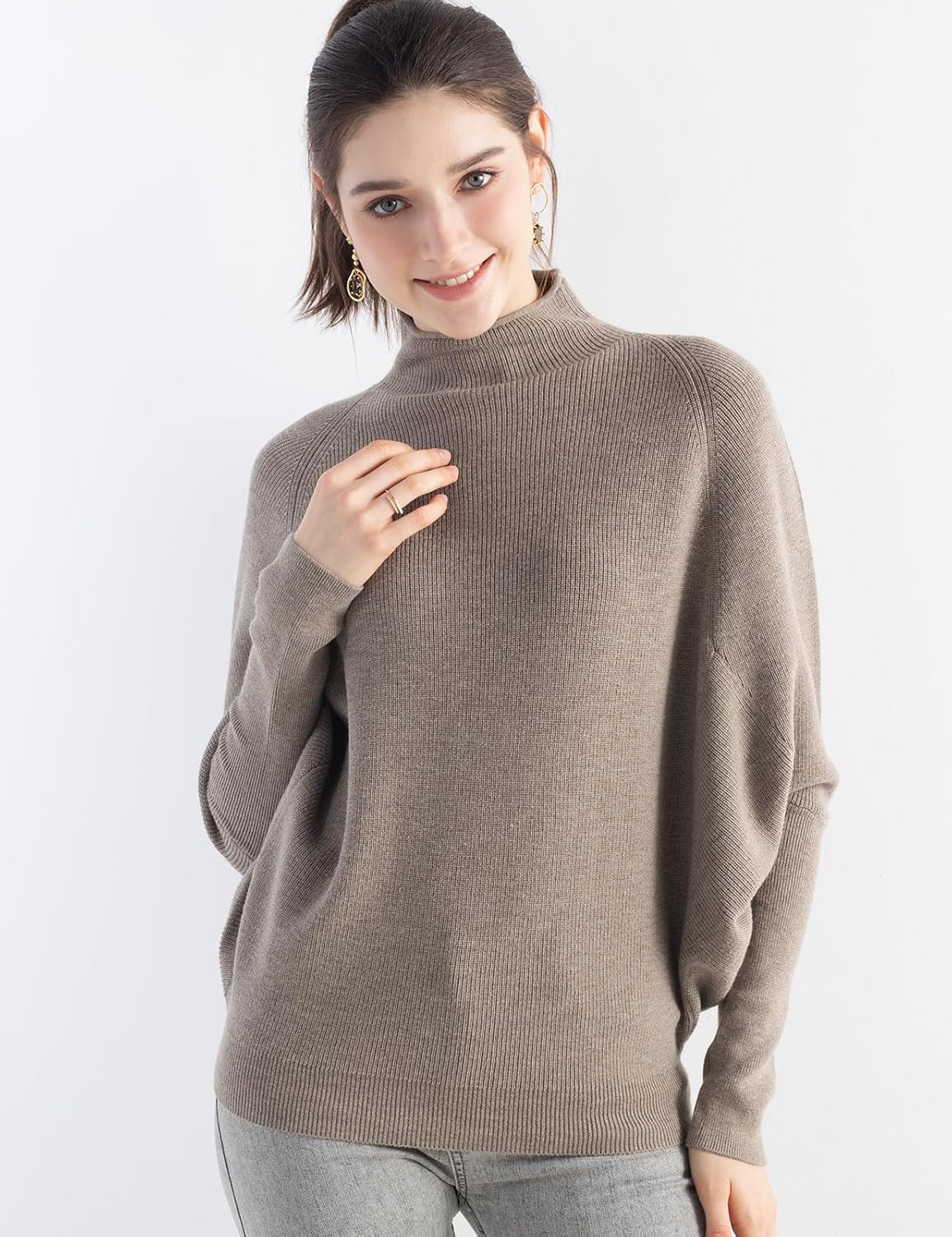 Merino Wool Blend Oversized Mock Neck Batwing Knit Sweater