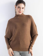 Merino Wool Blend Oversized Mock Neck Batwing Knit Sweater