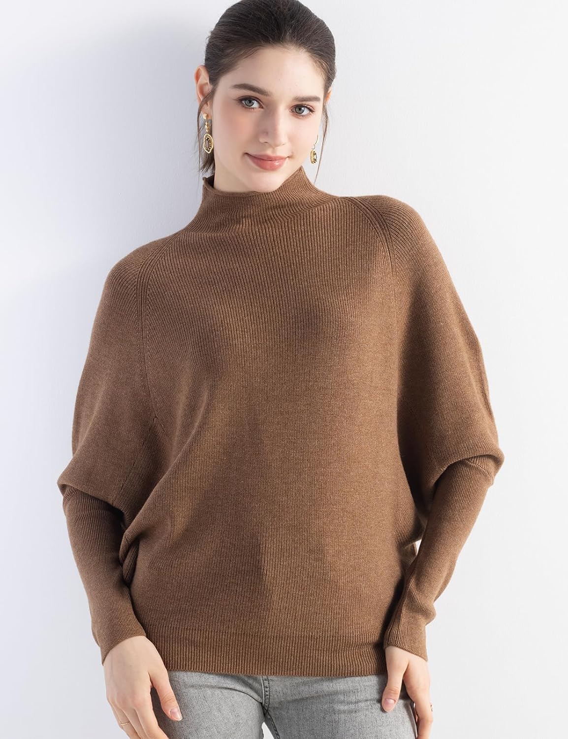 Merino Wool Blend Oversized Mock Neck Batwing Knit Sweater