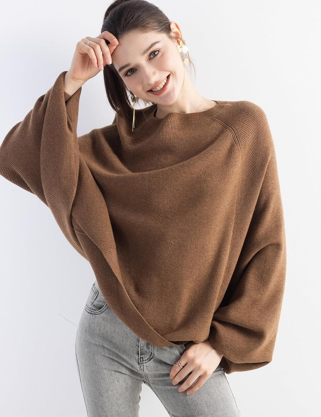 Merino Wool Blend Oversized Crewneck Batwing Sweater