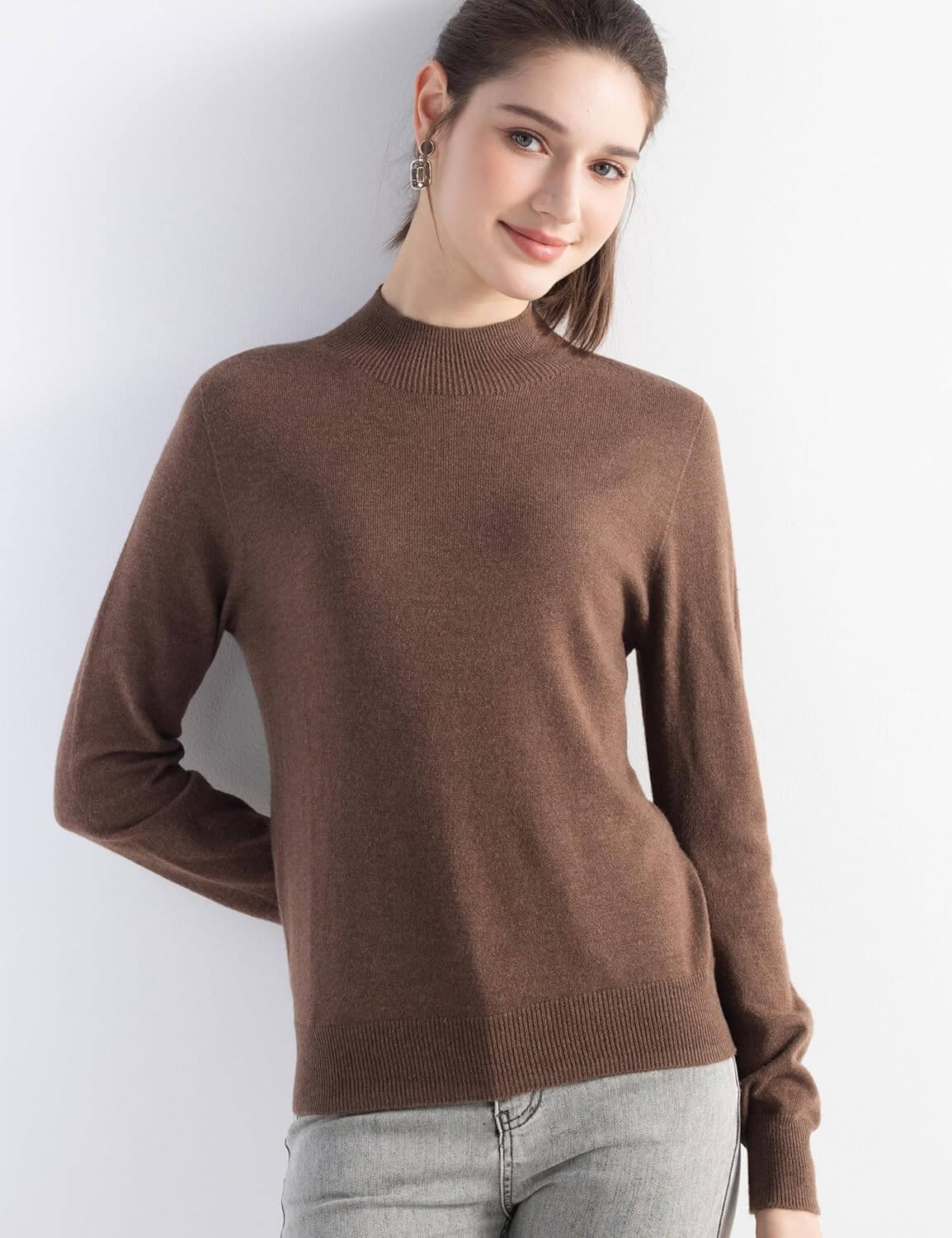Merino Wool Blend Mock Neck Seamless Knit Sweater