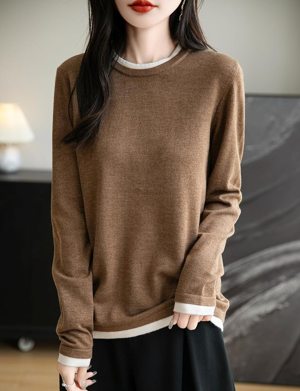 Merino Wool Blend Color Block Fake Two-Piece Crewneck Knit Top