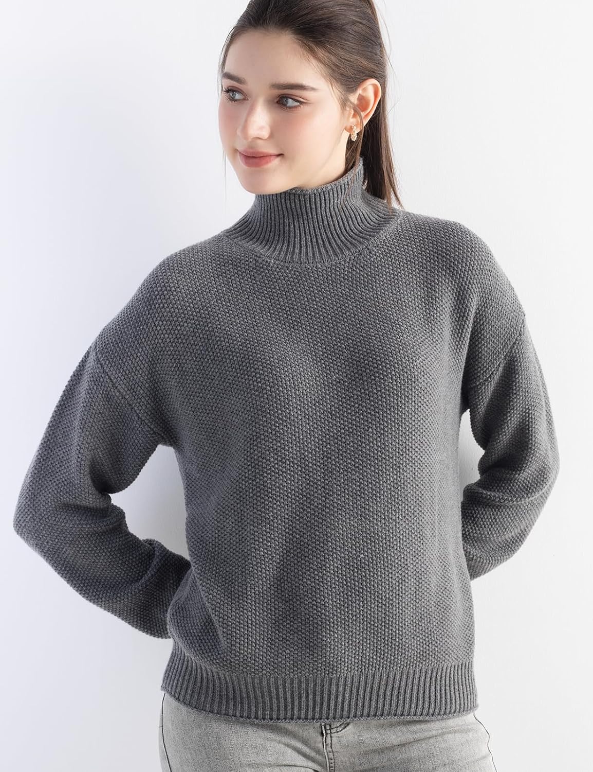 Merino Wool Blend Mock Neck Loose Knit Sweater