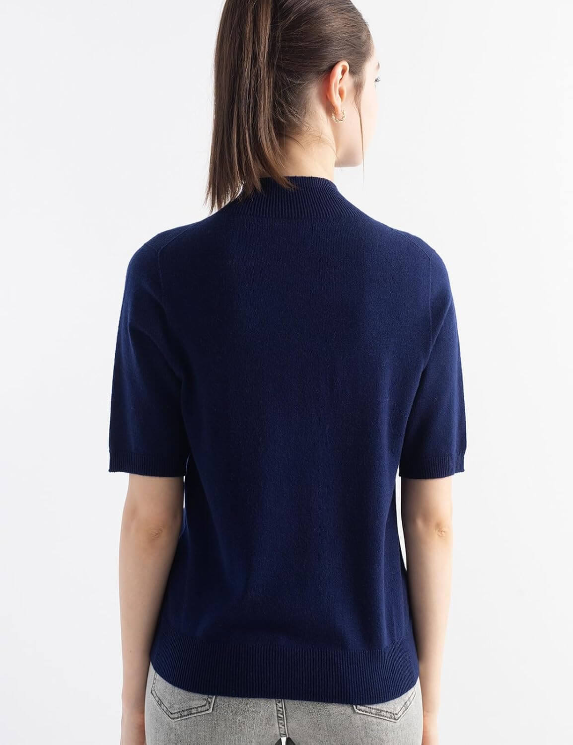 Merino Wool Blend Mock Neck Short Sleeve Seamless Knit Sweater