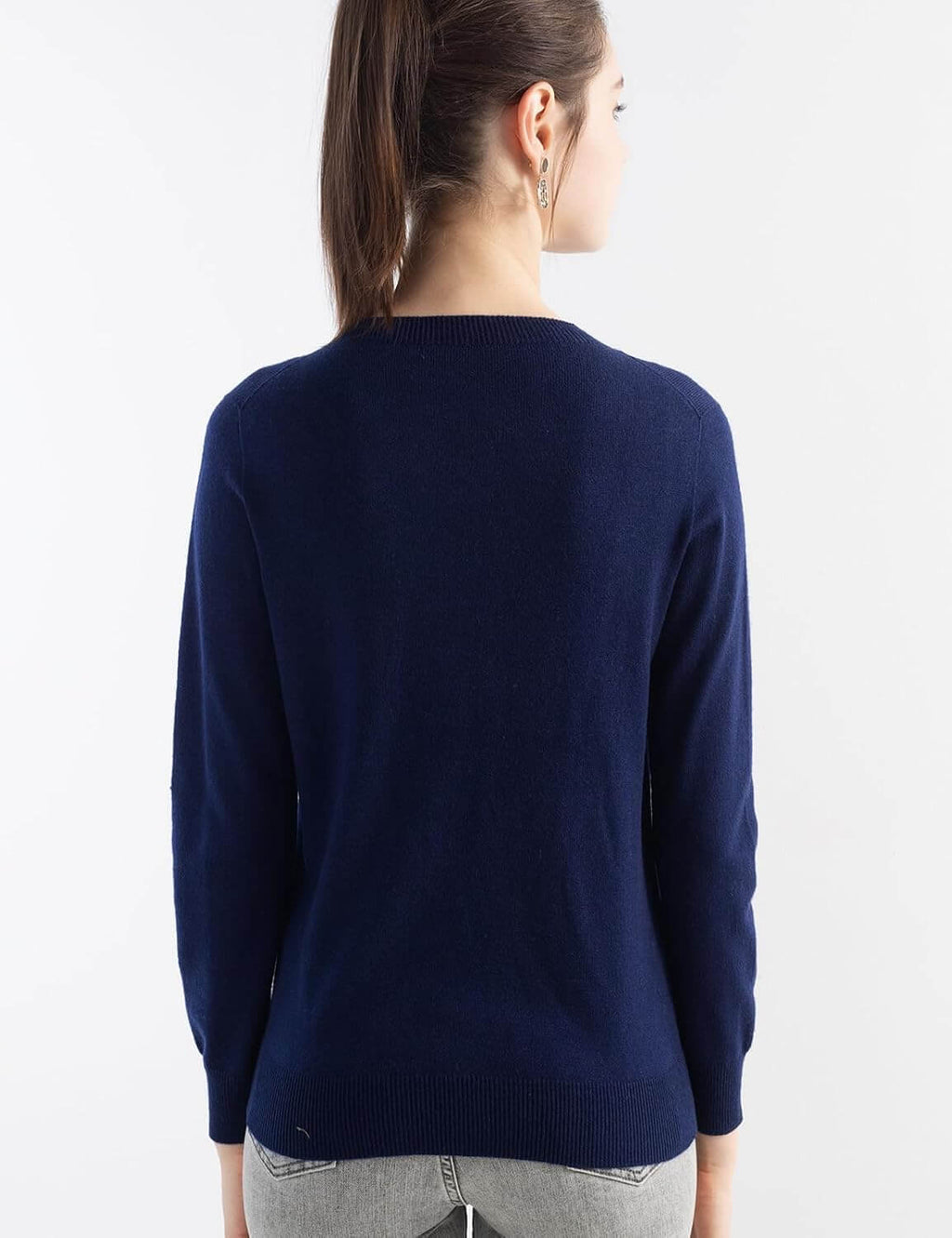Merino Wool Blend Crew Neck Seamless Knit Sweater