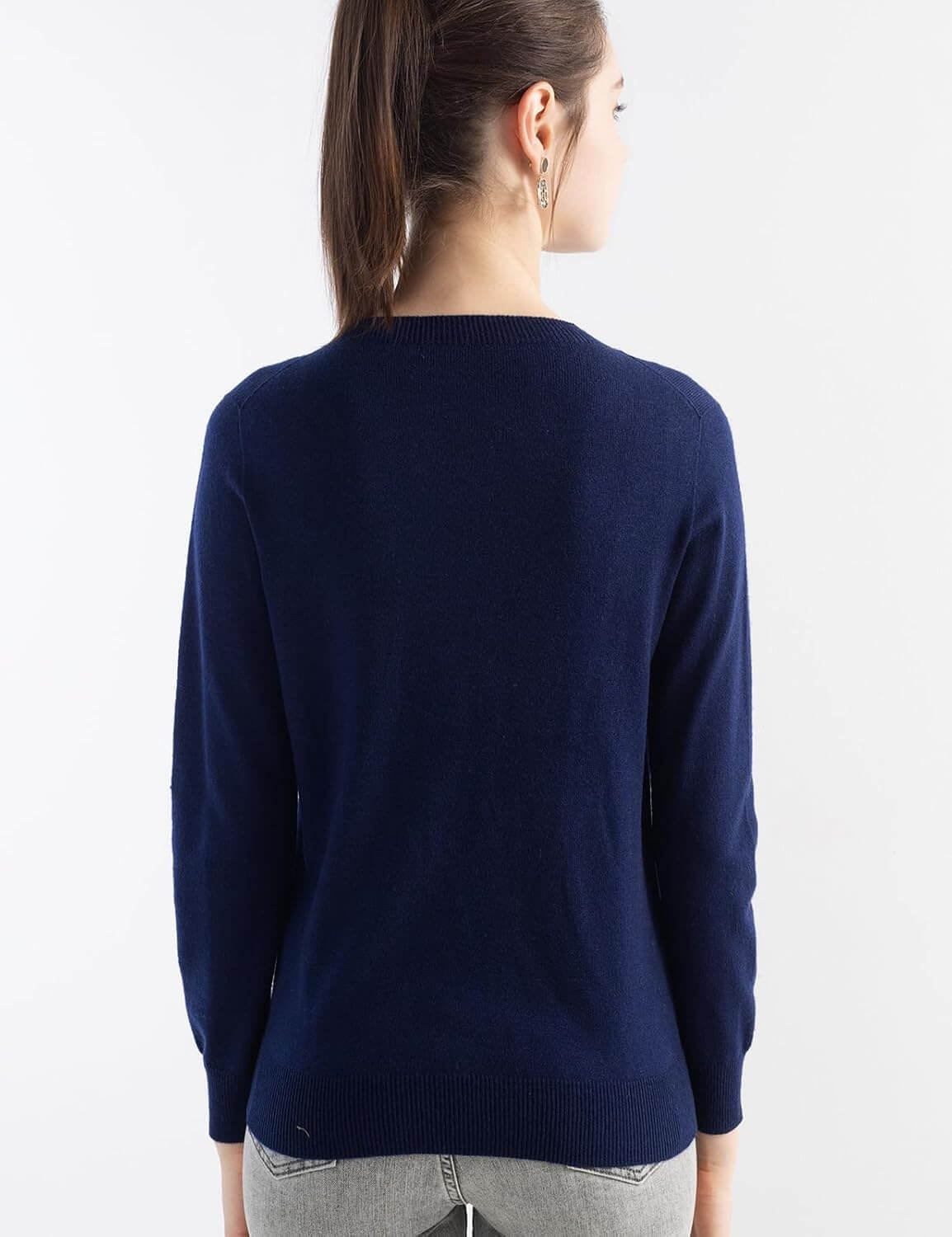 Merino Wool Blend Crew Neck Seamless Knit Sweater