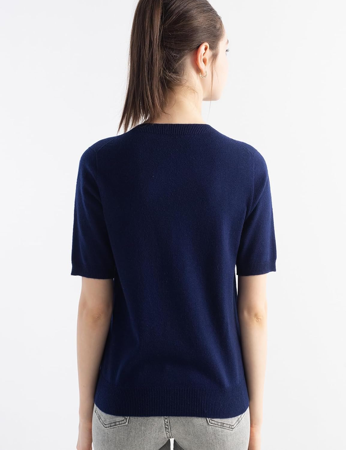 Merino Wool Blend Crew Neck Short Sleeve Seamless Knit Sweater