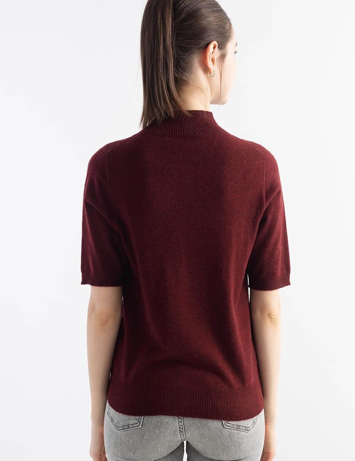 Merino Wool Blend Mock Neck Short Sleeve Seamless Knit Sweater