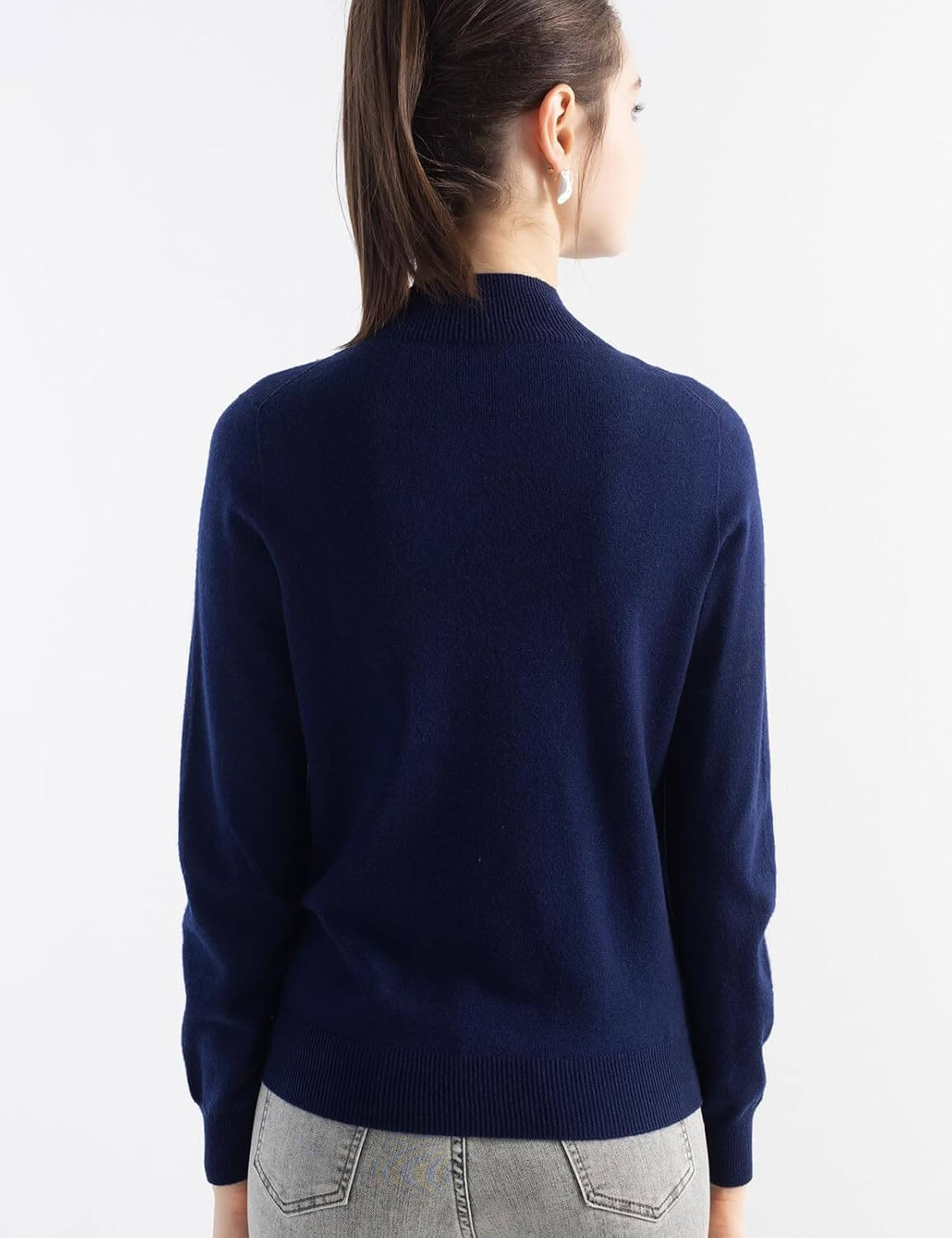Merino Wool Blend Mock Neck Seamless Knit Sweater