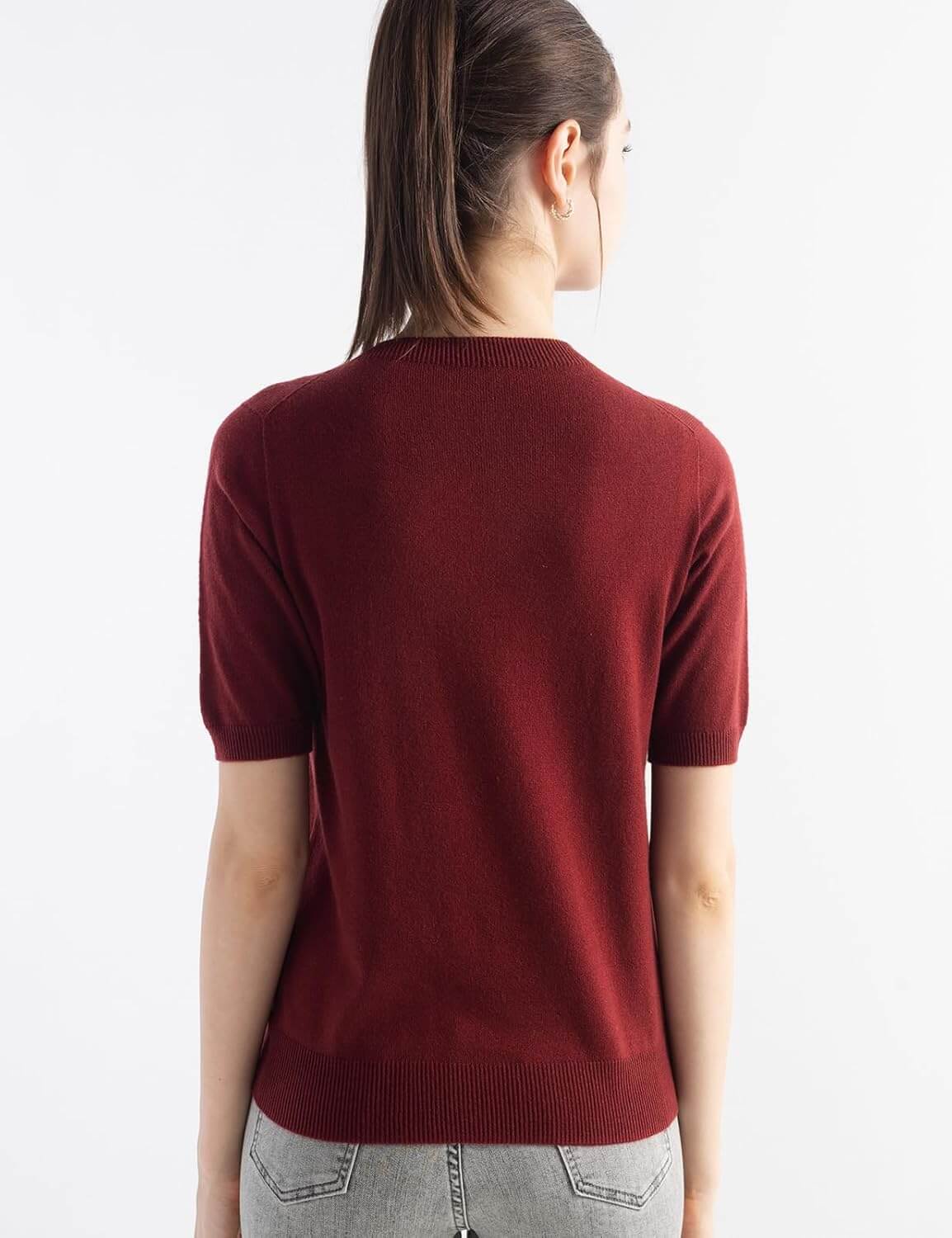 Merino Wool Blend Crew Neck Short Sleeve Seamless Knit Sweater