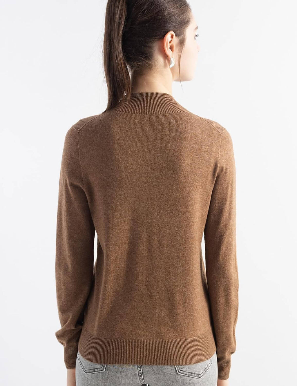 Merino Wool Blend Mock Neck Seamless Knit Sweater