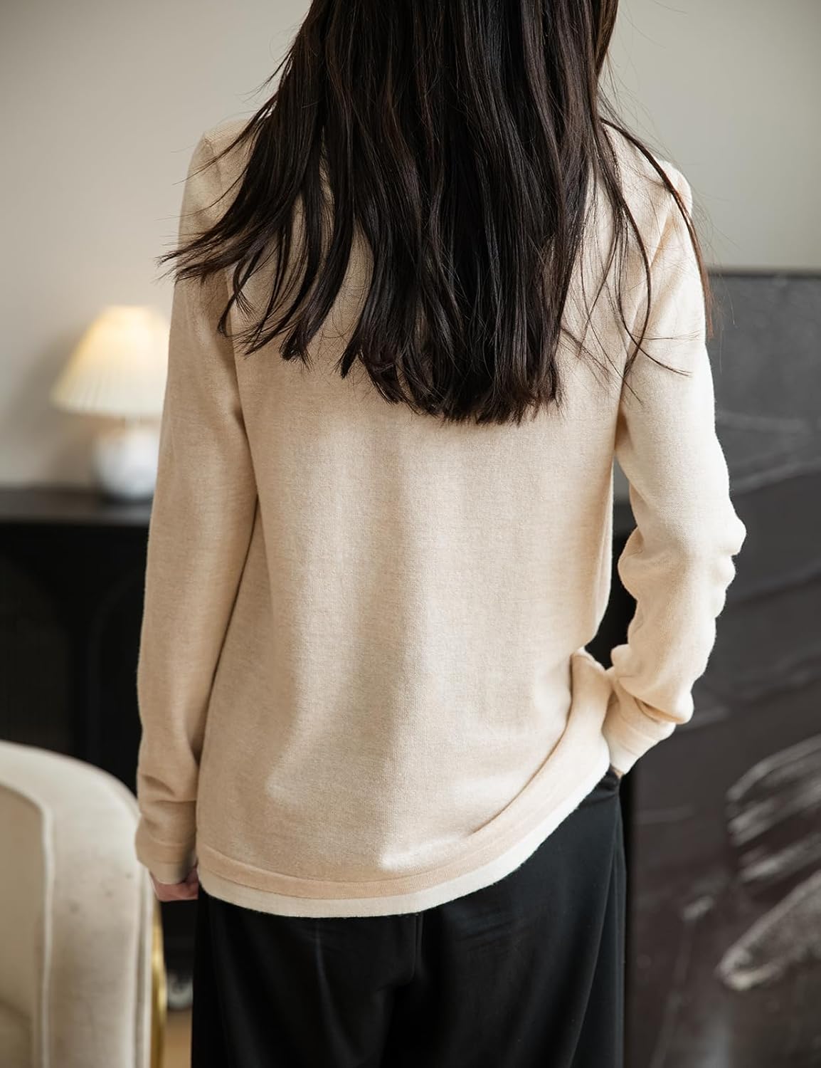Merino Wool Blend Color Block Fake Two-Piece Crewneck Knit Top