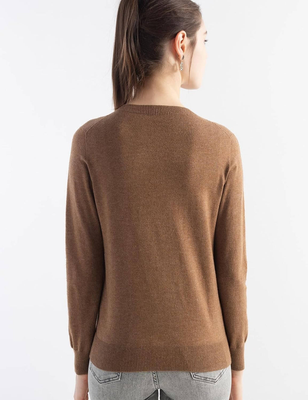 Merino Wool Blend Crew Neck Seamless Knit Sweater
