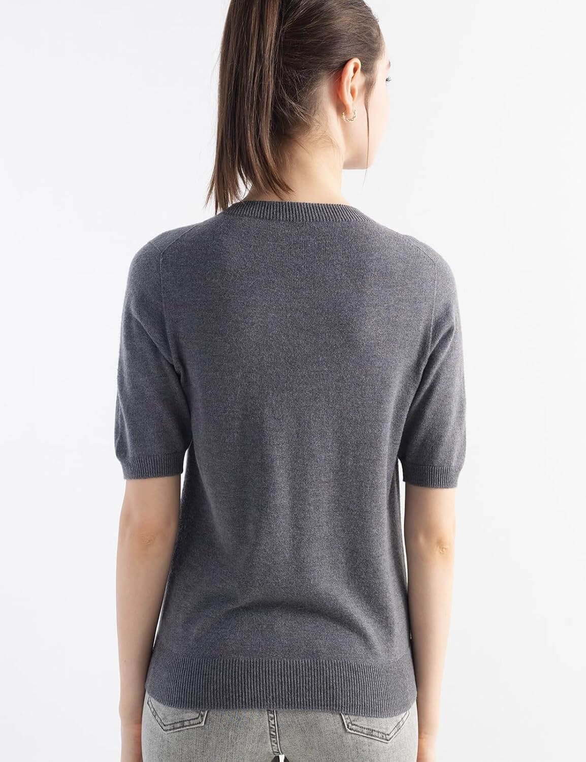 Merino Wool Blend Crew Neck Short Sleeve Seamless Knit Sweater