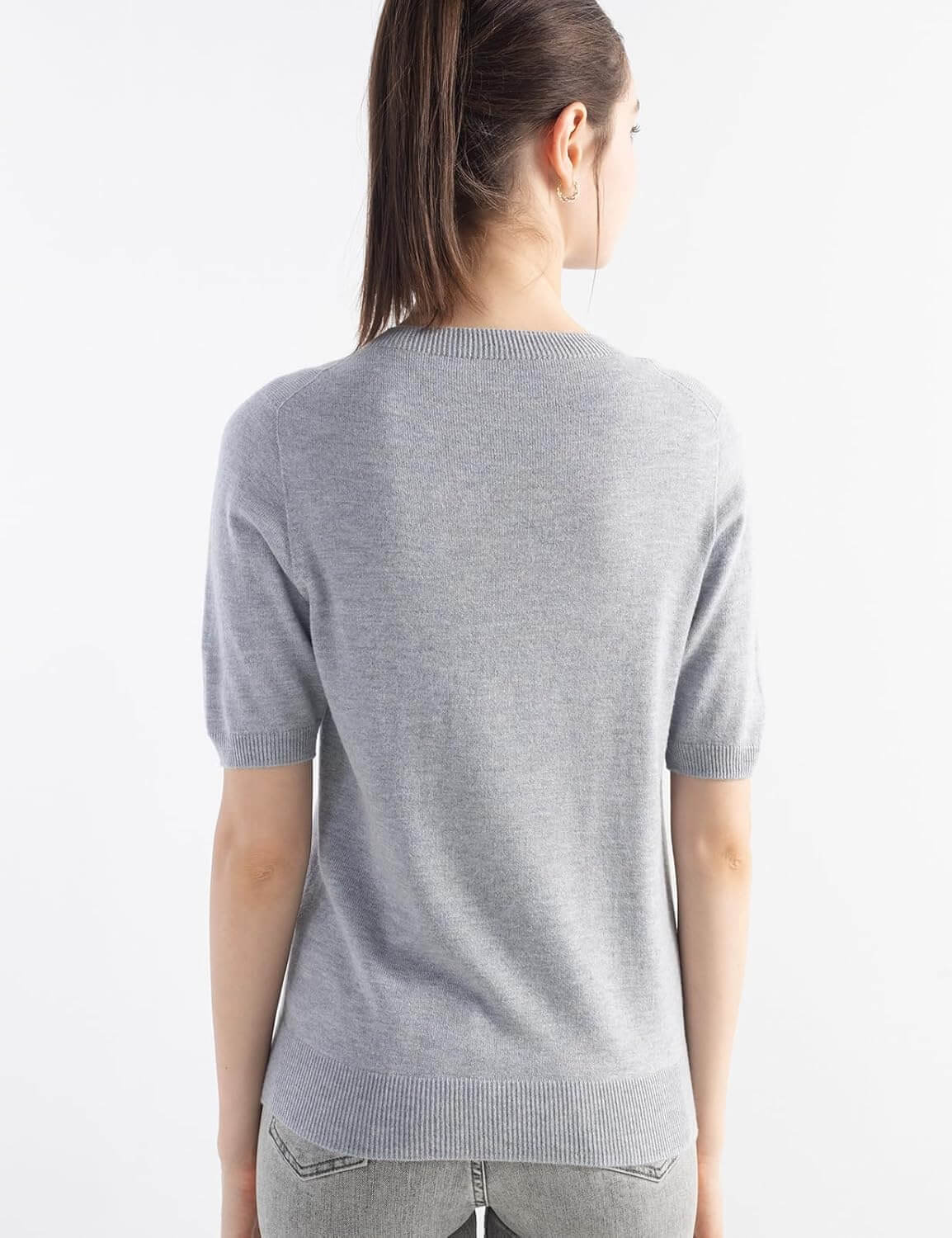 Merino Wool Blend Crew Neck Short Sleeve Seamless Knit Sweater