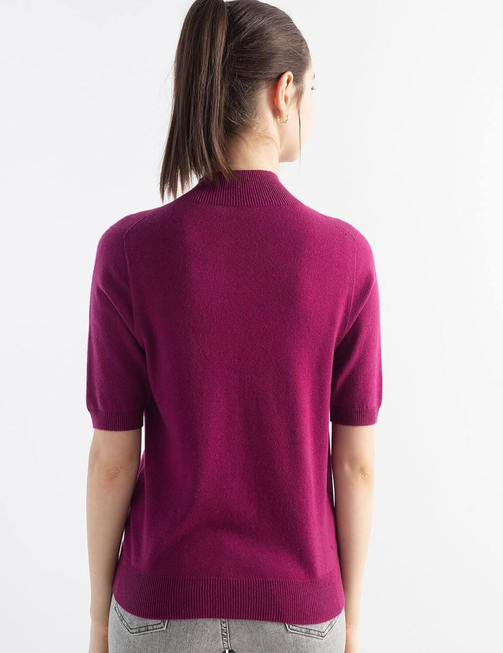 Merino Wool Blend Mock Neck Short Sleeve Seamless Knit Sweater