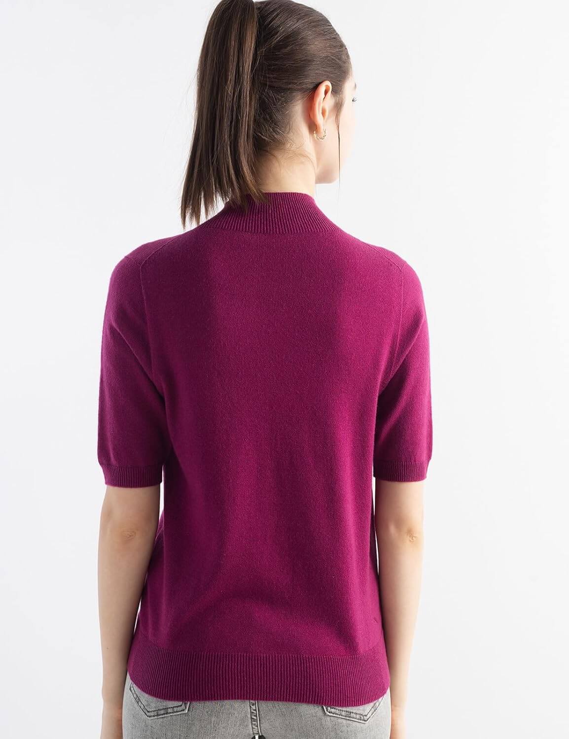 Merino Wool Blend Mock Neck Short Sleeve Seamless Knit Sweater