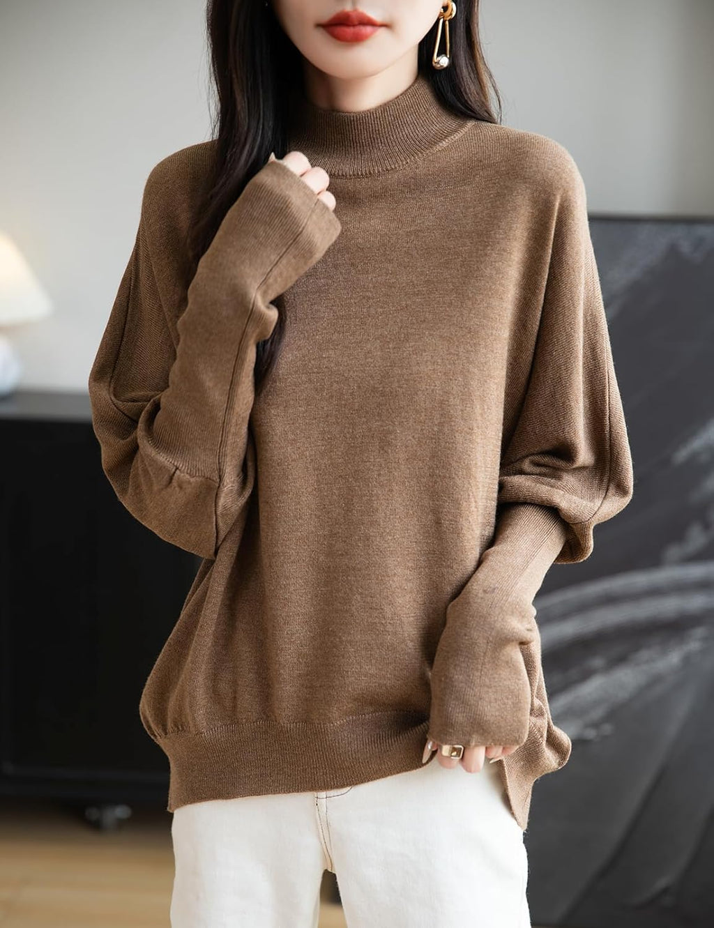Merino Wool Blend Mock Neck Batwing Sleeve Sweater