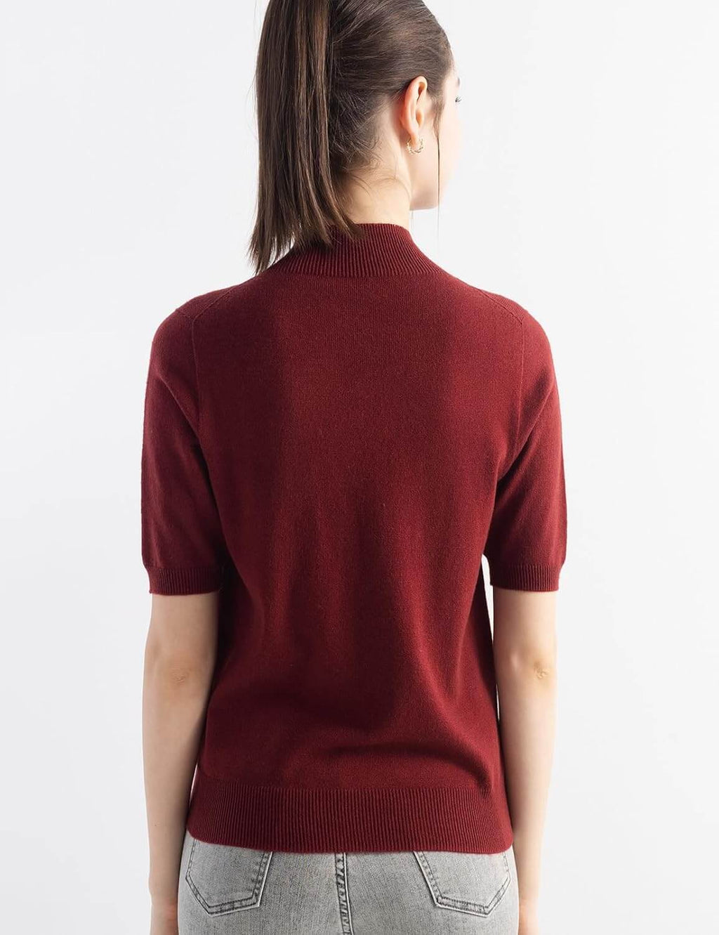 Merino Wool Blend Mock Neck Short Sleeve Seamless Knit Sweater