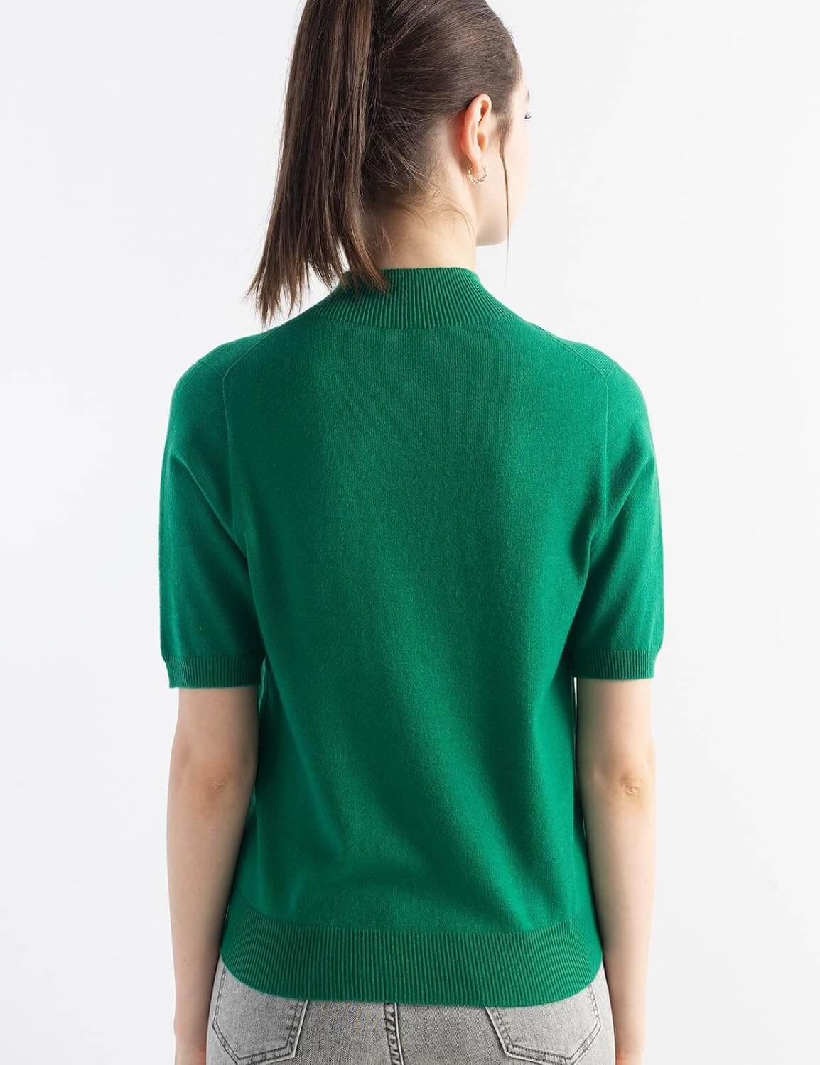 Merino Wool Blend Mock Neck Short Sleeve Seamless Knit Sweater