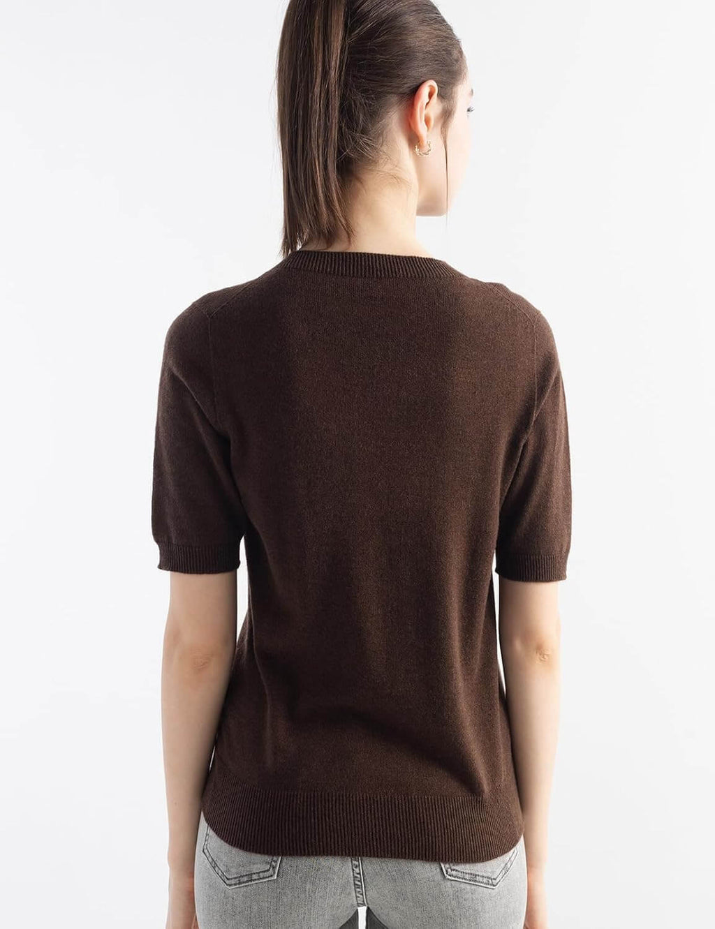 Merino Wool Blend Crew Neck Short Sleeve Seamless Knit Sweater