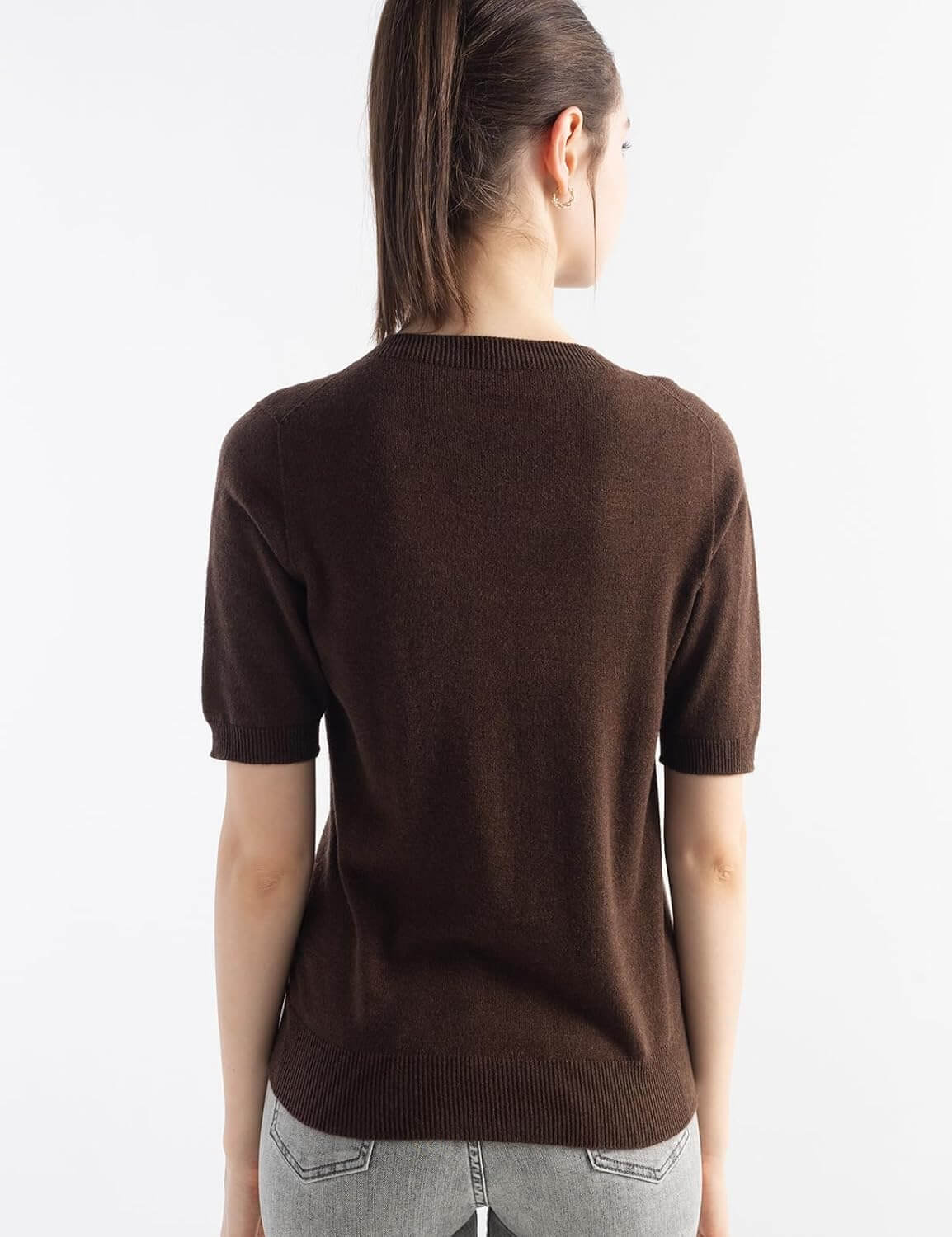Merino Wool Blend Crew Neck Short Sleeve Seamless Knit Sweater