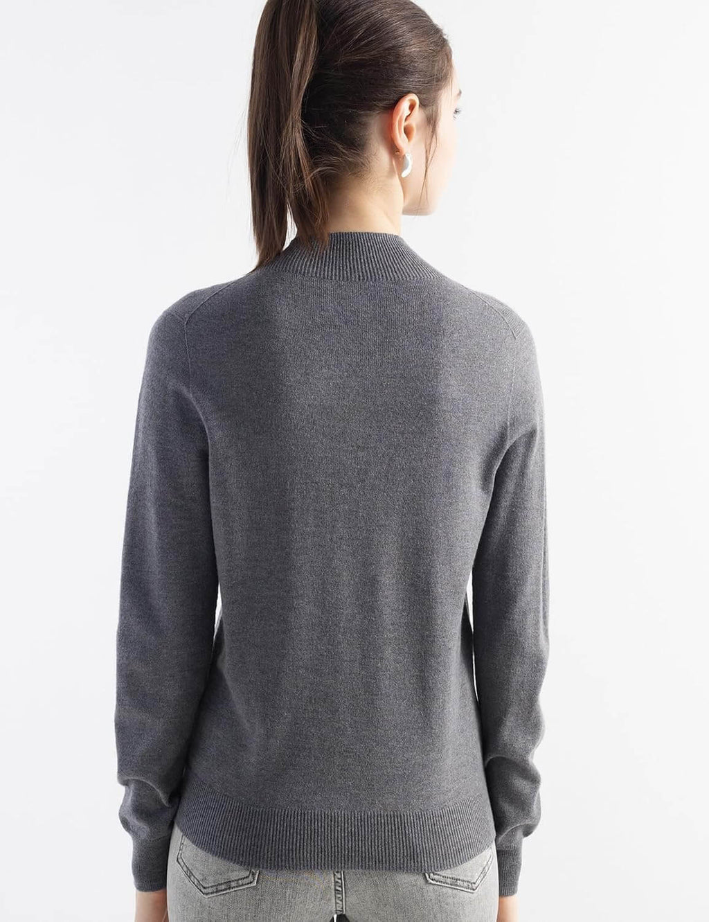 Merino Wool Blend Mock Neck Seamless Knit Sweater