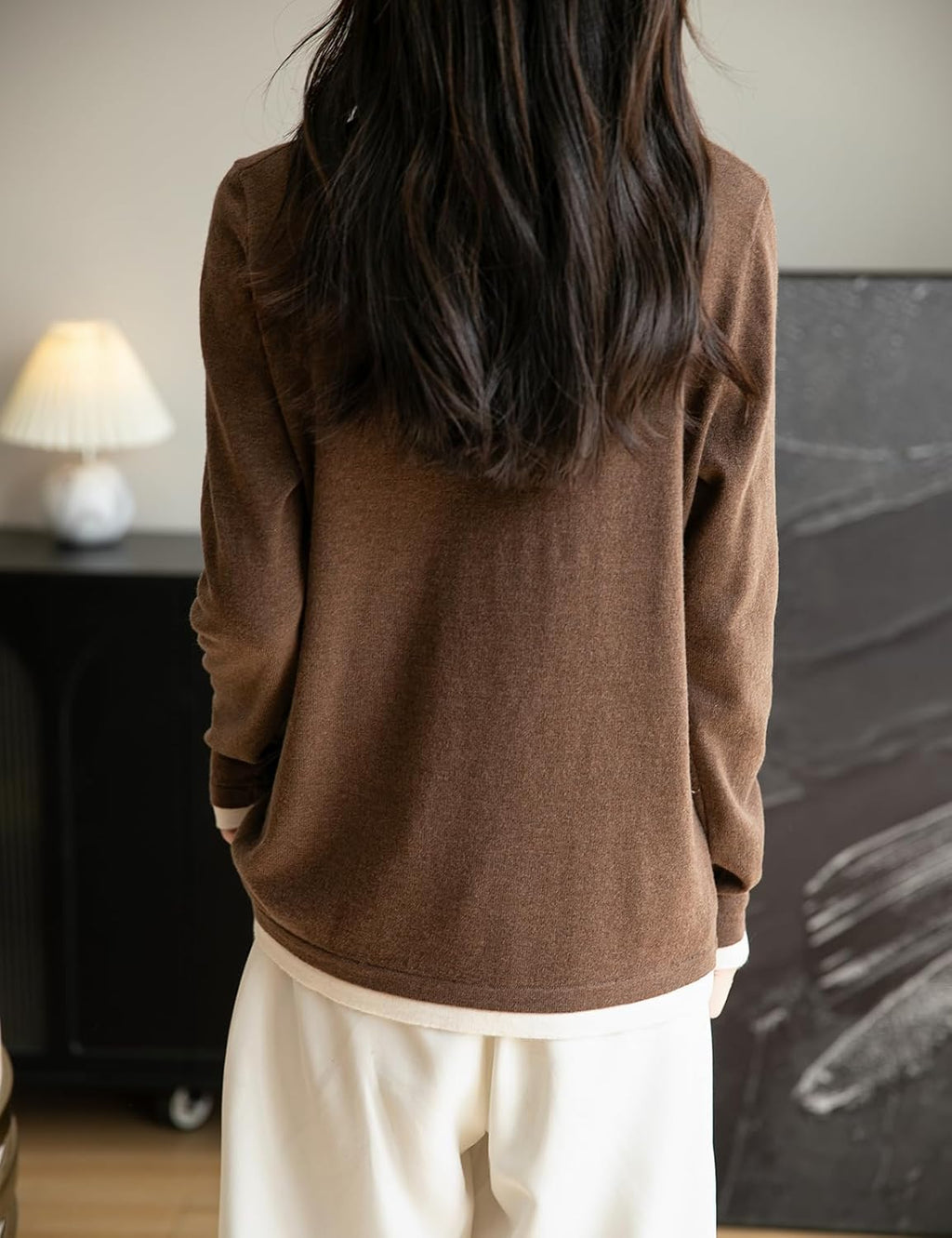 Merino Wool Blend Color Block Fake Two-Piece Crewneck Knit Top