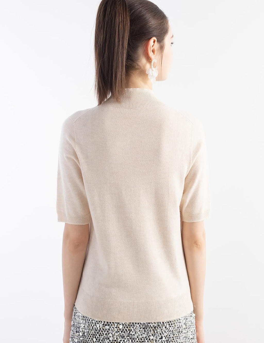 Merino Wool Blend Mock Neck Short Sleeve Seamless Knit Sweater