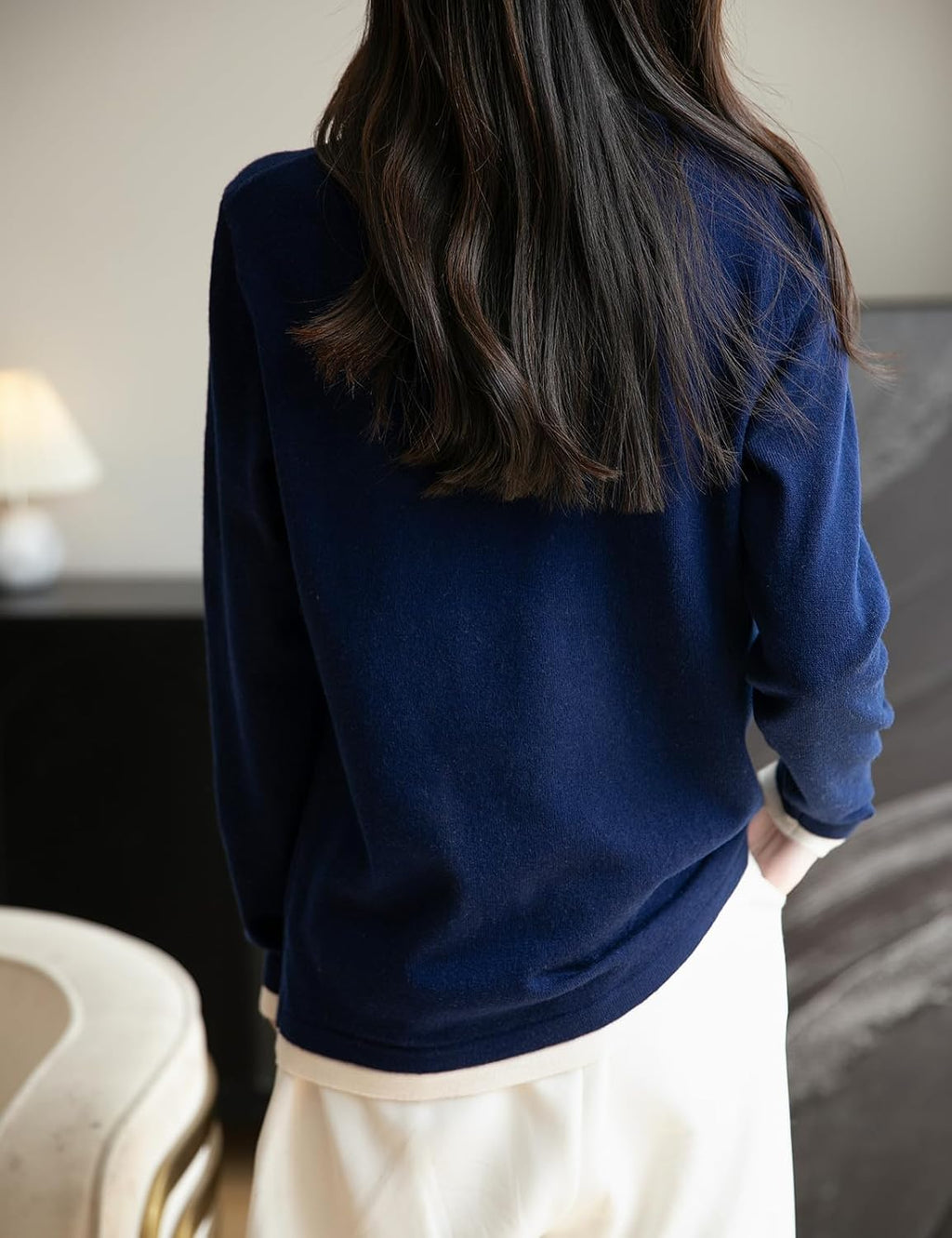 Merino Wool Blend Color Block Fake Two-Piece Crewneck Knit Top