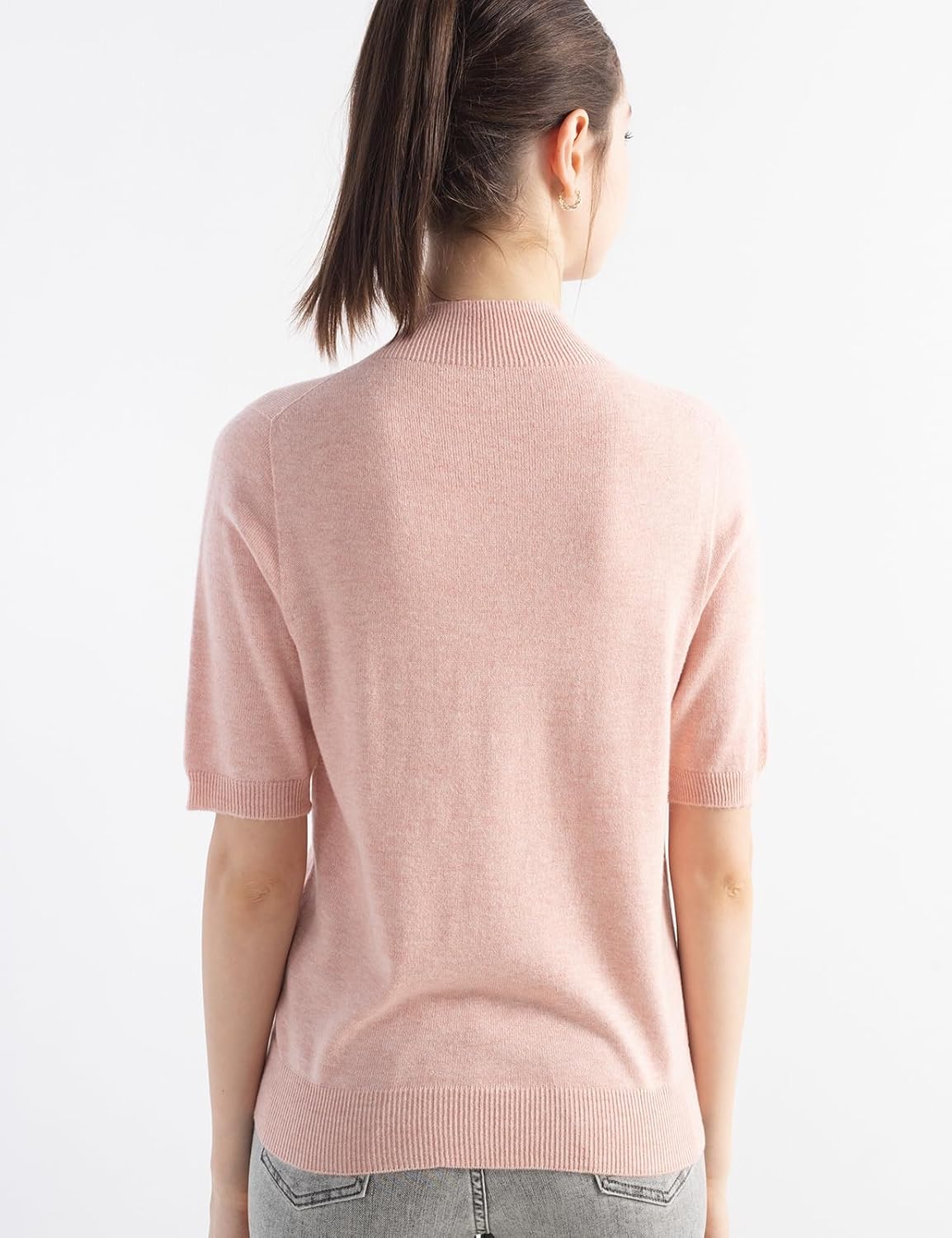 Merino Wool Blend Mock Neck Short Sleeve Seamless Knit Sweater