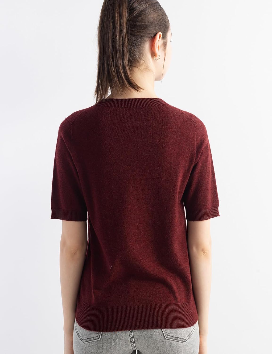 Merino Wool Blend Crew Neck Short Sleeve Seamless Knit Sweater