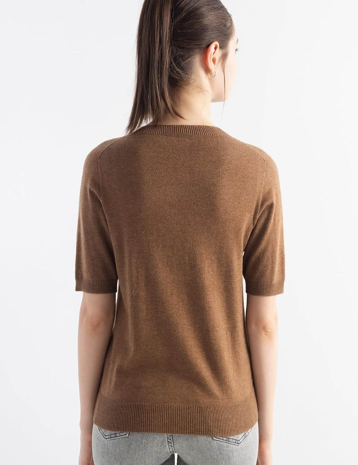 Merino Wool Blend Crew Neck Short Sleeve Seamless Knit Sweater