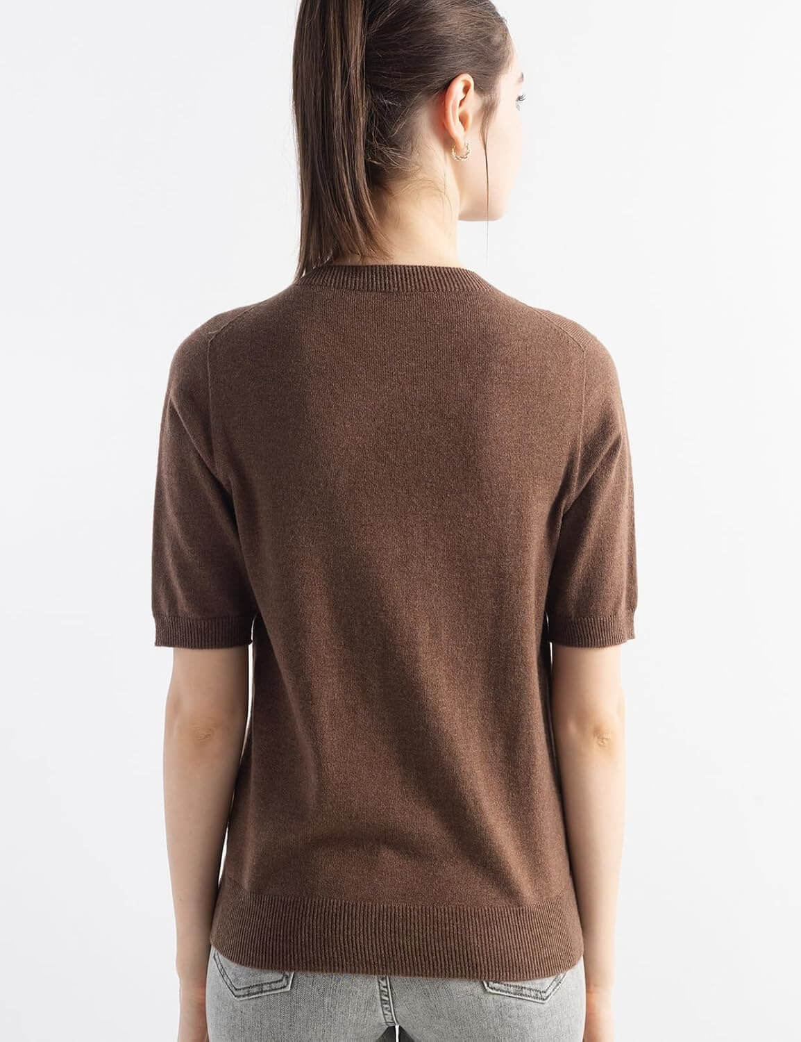 Merino Wool Blend Crew Neck Short Sleeve Seamless Knit Sweater