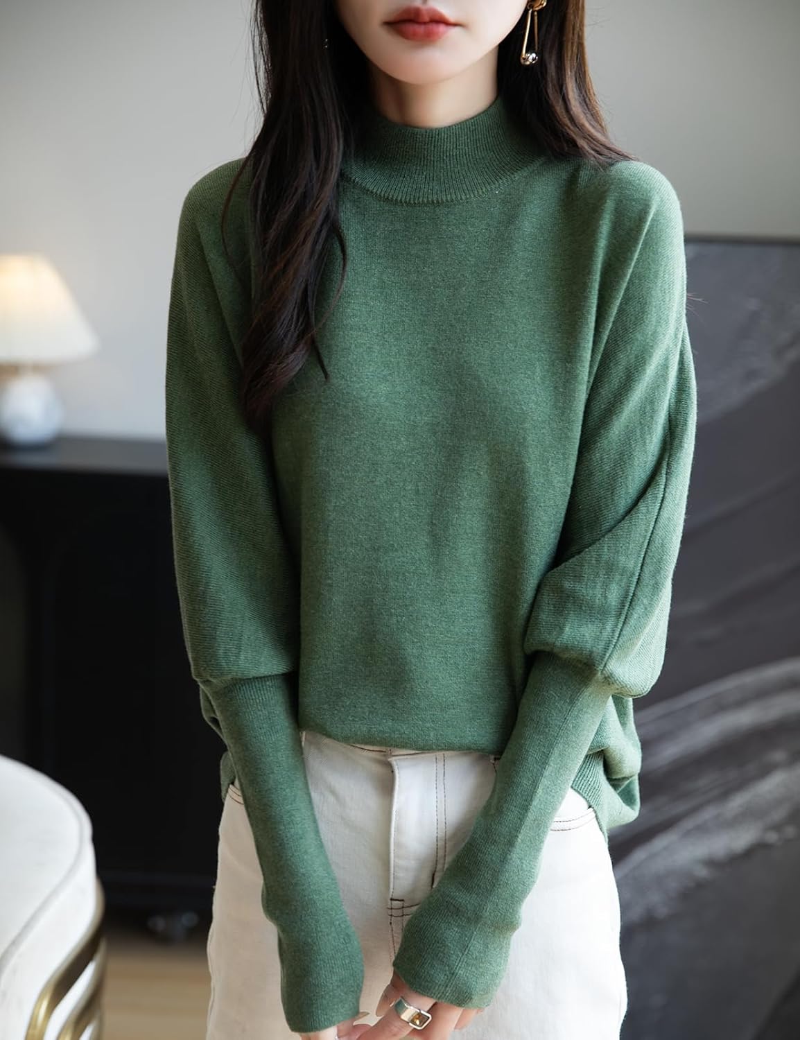 Merino Wool Blend Mock Neck Batwing Sleeve Sweater